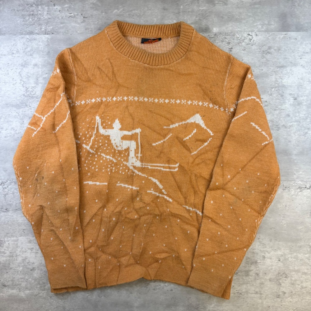 Vintage Alps Knitmeister Ski Sweater Orange Mountain Skier Graphic XL